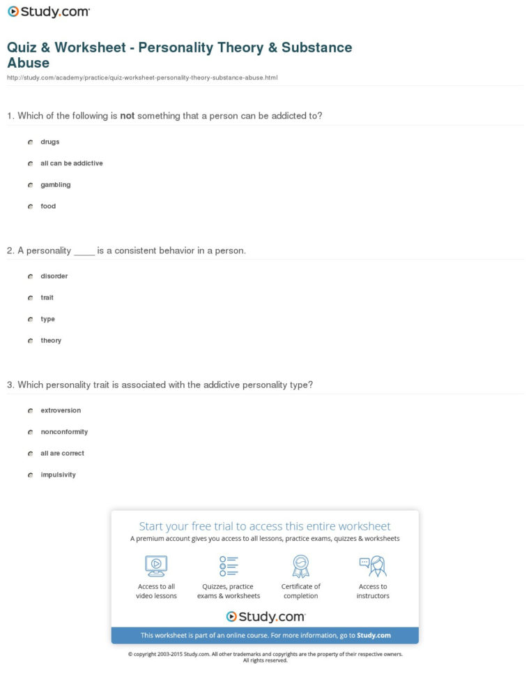 Quiz  Worksheet  Personality Theory  Substance Abuse