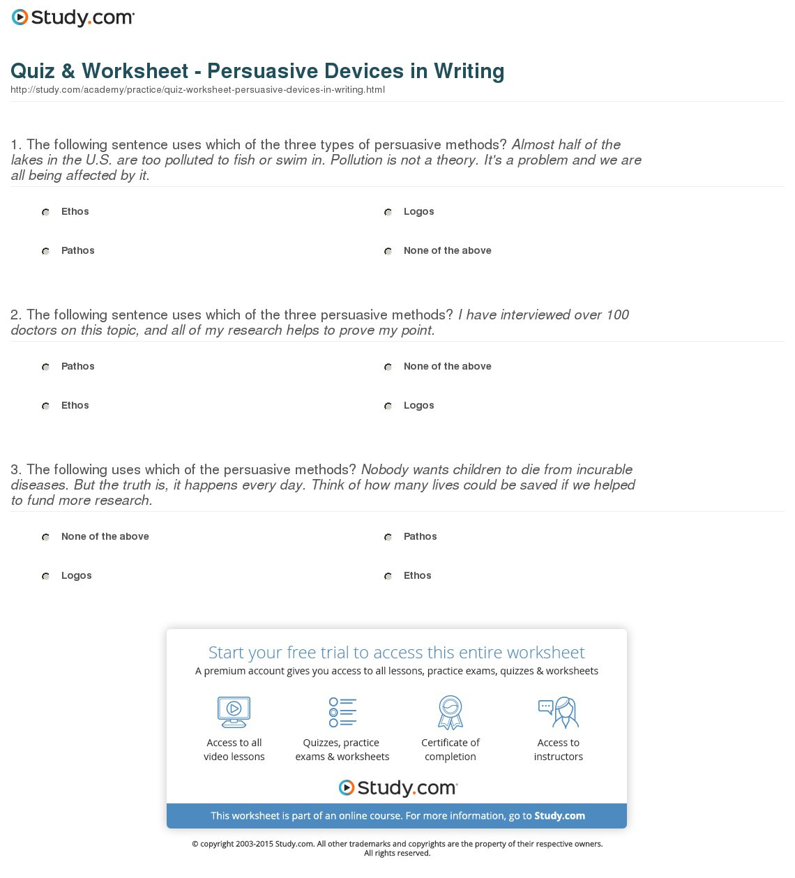 Quiz  Worksheet  Persuasive Devices In Writing  Study