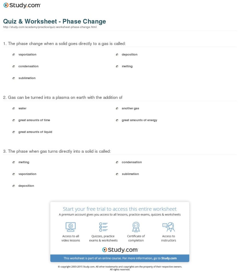 Quiz  Worksheet  Phase Change  Study