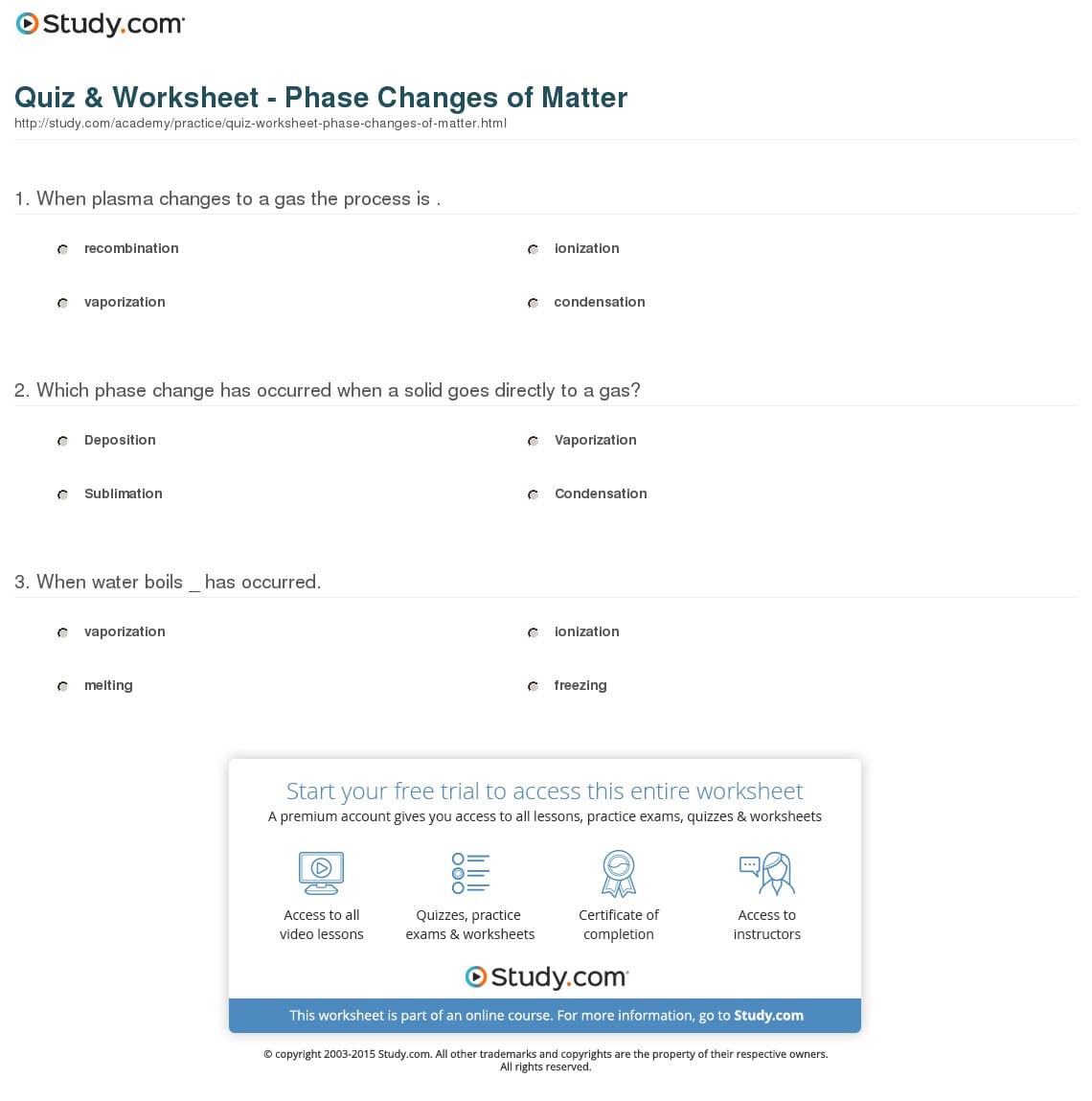 Quiz  Worksheet  Phase Changes Of Matter  Study