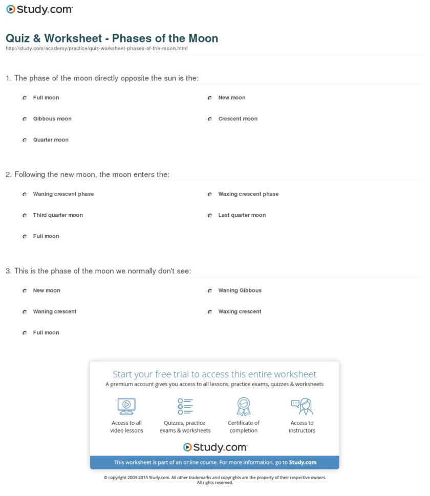 Quiz  Worksheet  Phases Of The Moon  Study