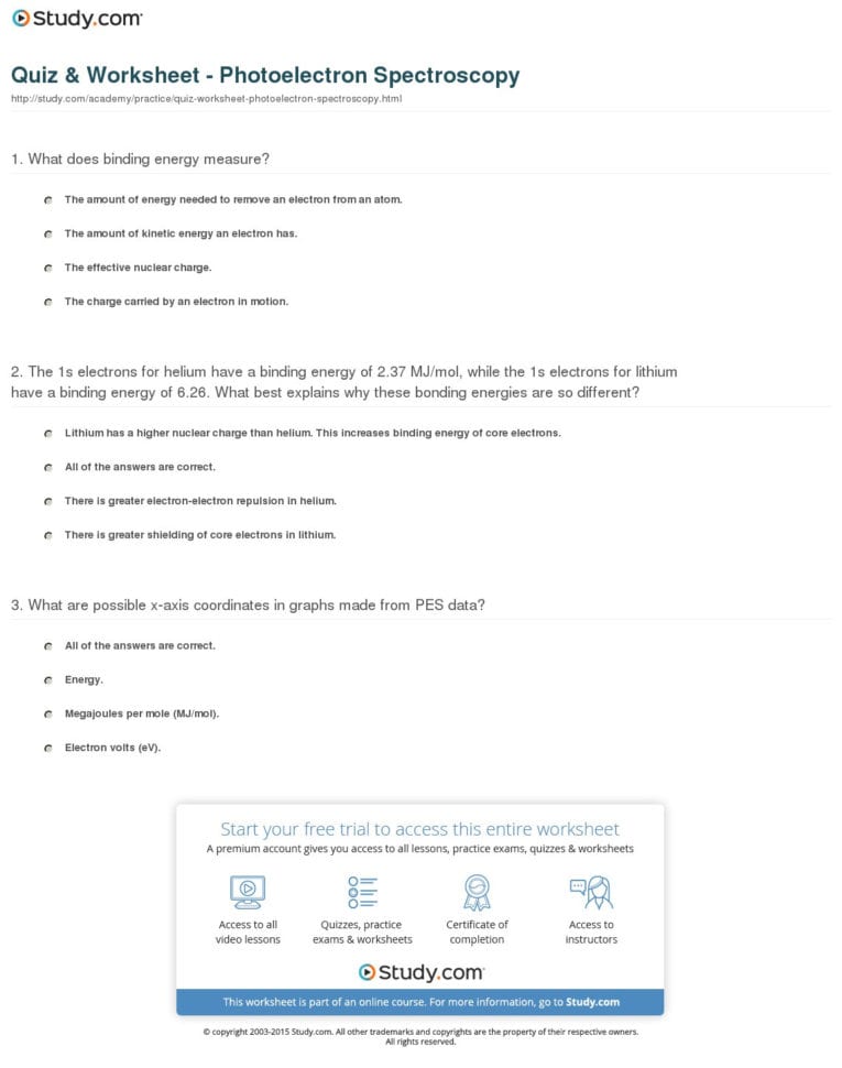Quiz  Worksheet  Photoelectron Spectroscopy  Study