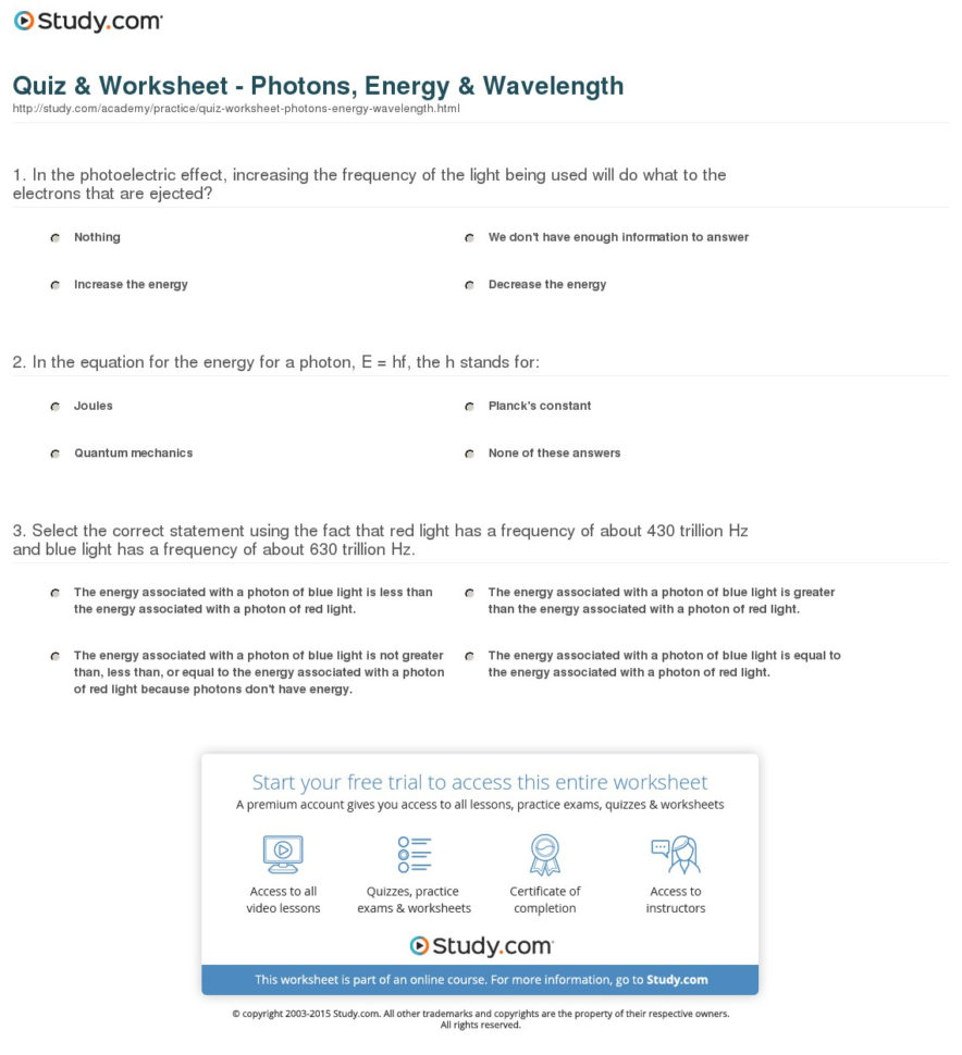 Quiz  Worksheet  Photons Energy  Velength  Study