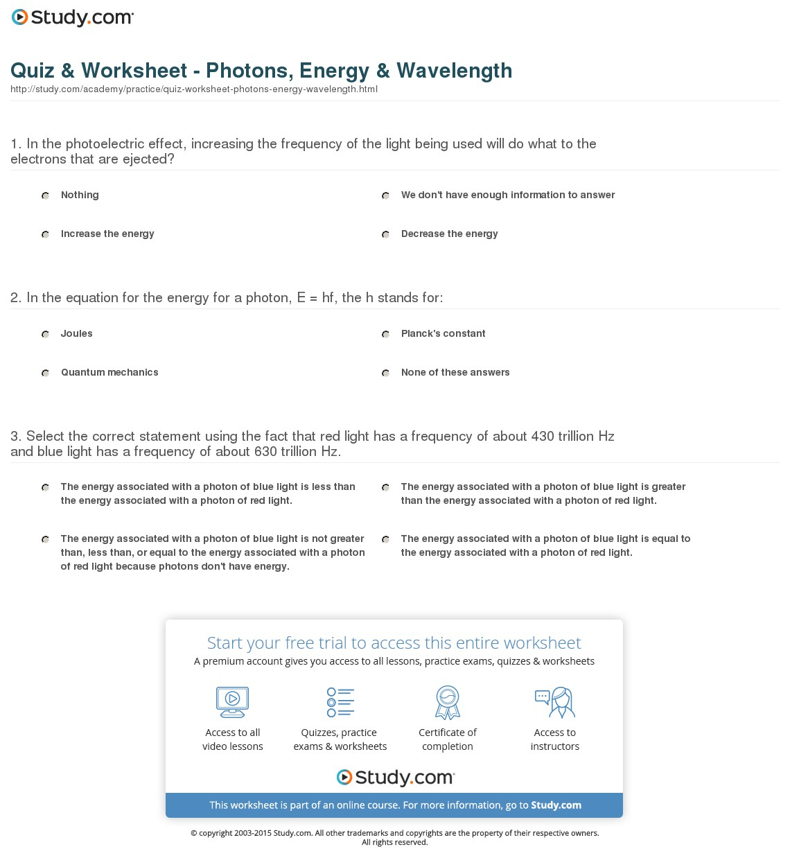 Quiz  Worksheet  Photons Energy  Velength  Study
