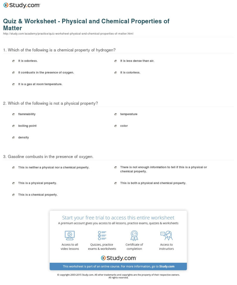 Quiz  Worksheet  Physical And Chemical Properties Of Matter