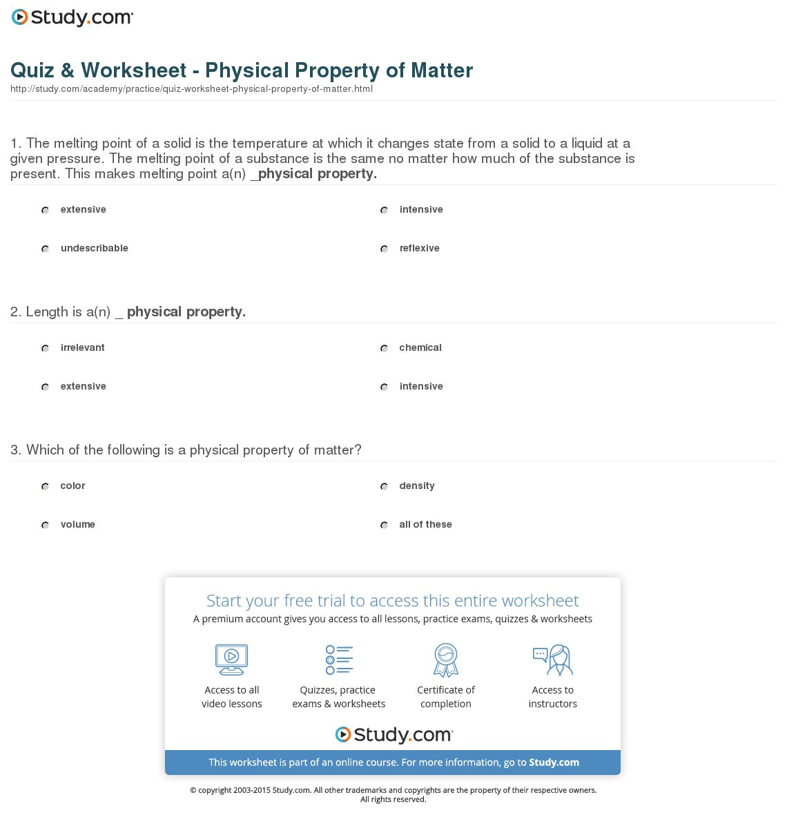 Quiz  Worksheet  Physical Property Of Matter  Study