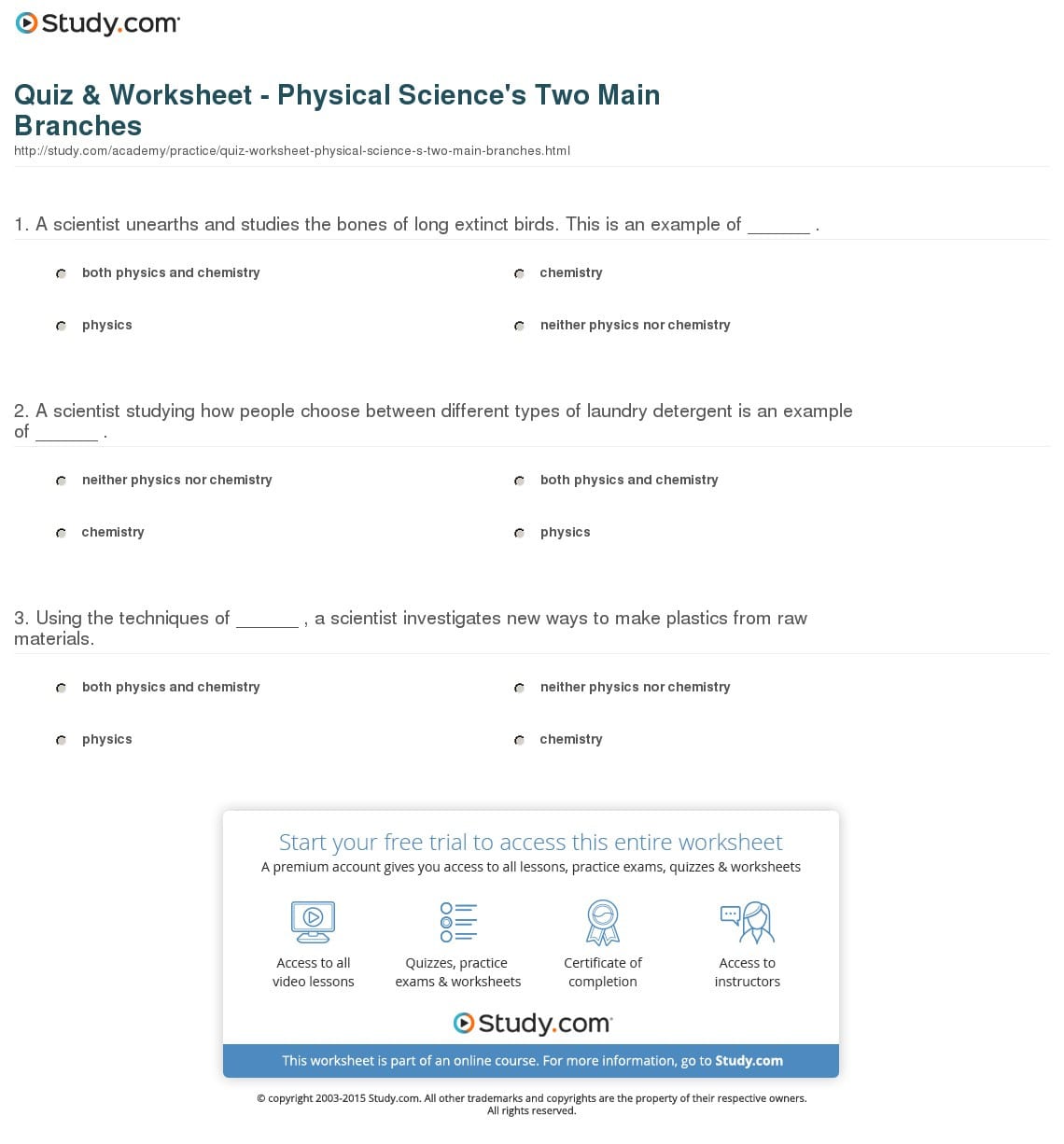 Quiz  Worksheet  Physical Science's Two Main Branches