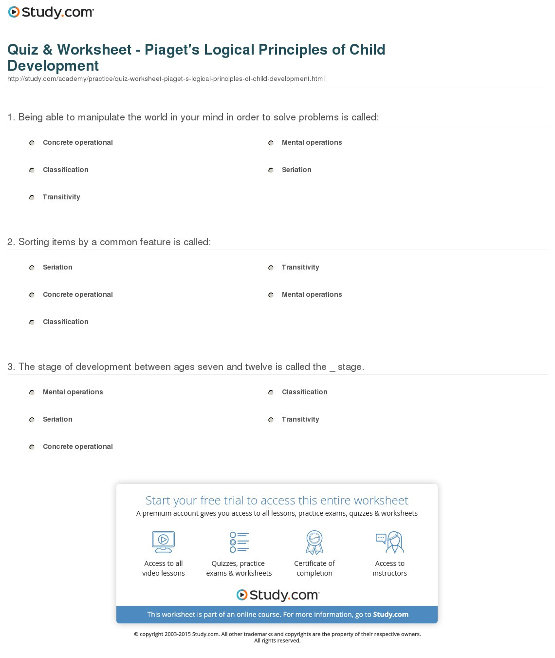 Quiz  Worksheet  Piaget's Logical Principles Of Child Development