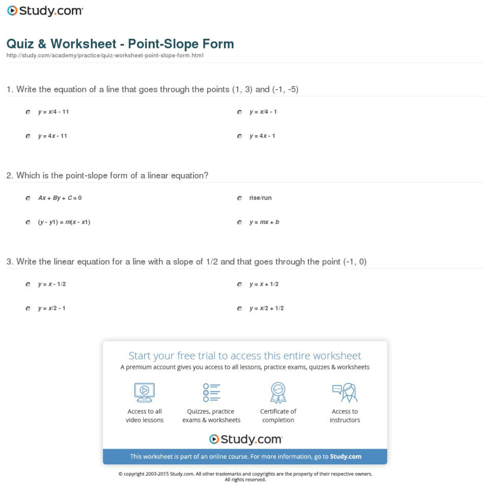 Quiz  Worksheet  Pointslope Form  Study