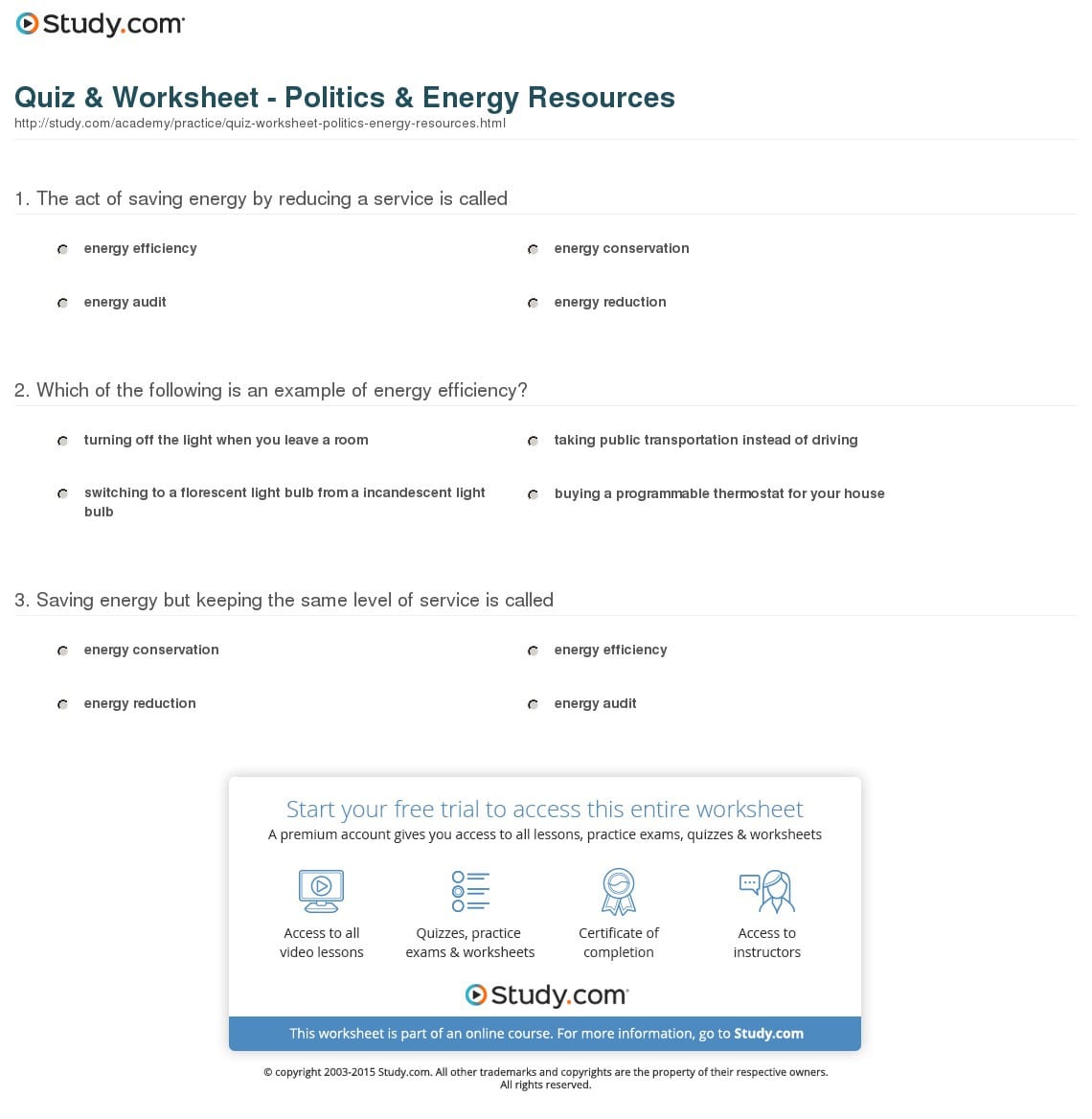 Quiz  Worksheet  Politics  Energy Resources  Study