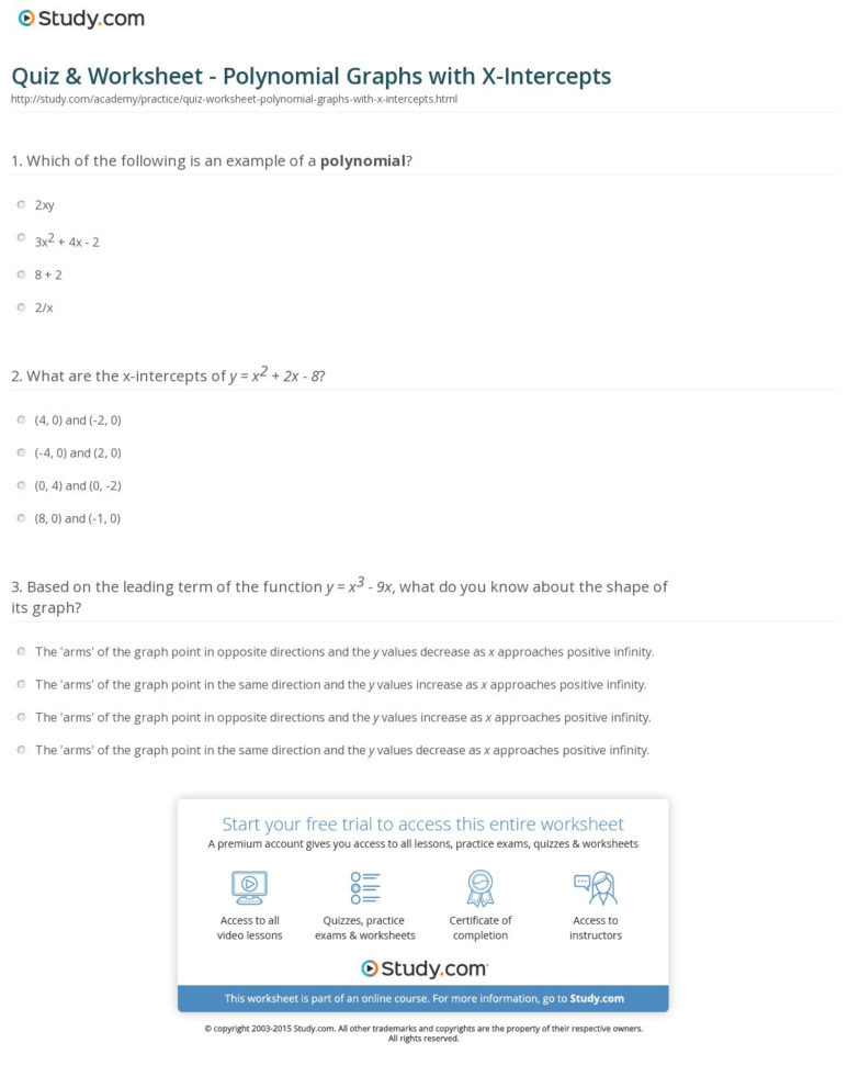 Quiz  Worksheet  Polynomial Graphs With Xintercepts