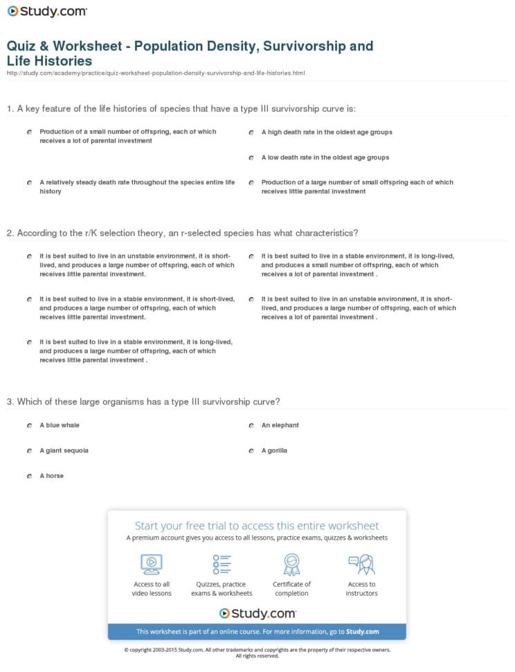 Quiz  Worksheet  Population Density Survivorship And Life