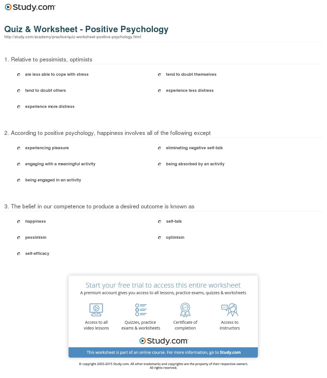 Quiz  Worksheet  Positive Psychology  Study