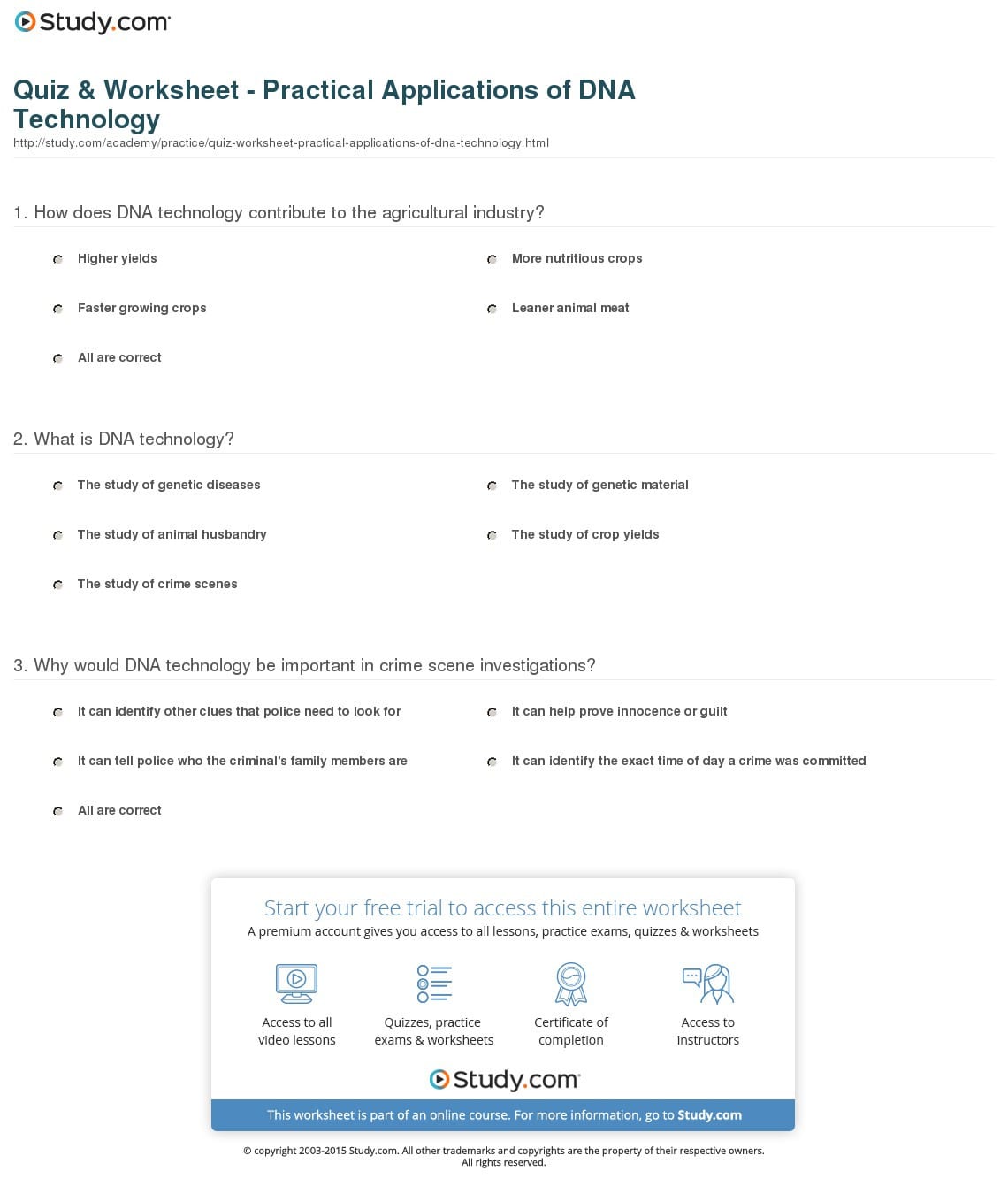 Quiz  Worksheet  Practical Applications Of Dna Technology