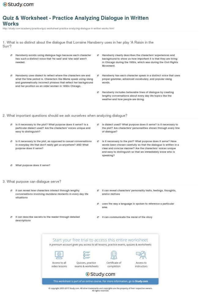Quiz  Worksheet  Practice Analyzing Dialogue In Written