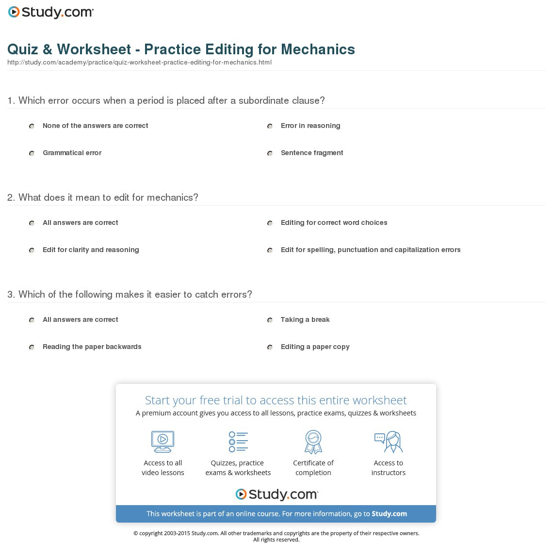 Quiz  Worksheet  Practice Editing For Mechanics  Study