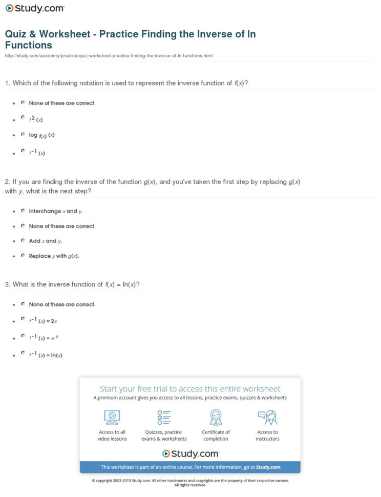 Quiz  Worksheet  Practice Finding The Inverse Of Ln