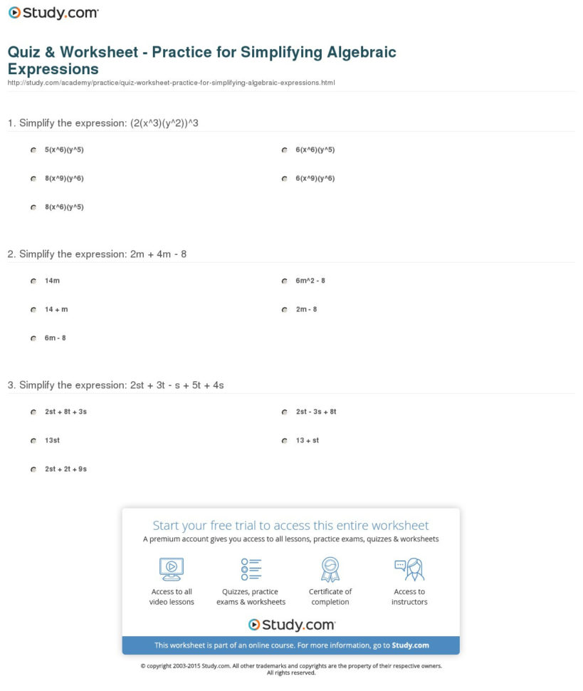 Quiz  Worksheet  Practice For Simplifying Algebraic