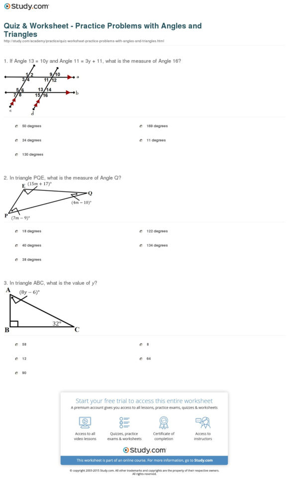 Quiz  Worksheet  Practice Problems With Angles And