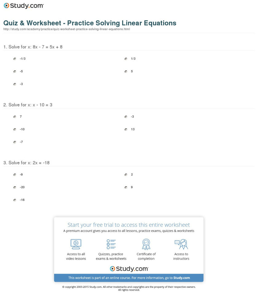 Quiz  Worksheet  Practice Solving Linear Equations  Study