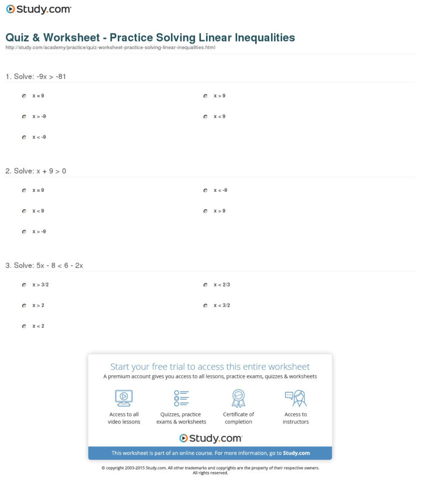 Quiz  Worksheet  Practice Solving Linear Inequalities