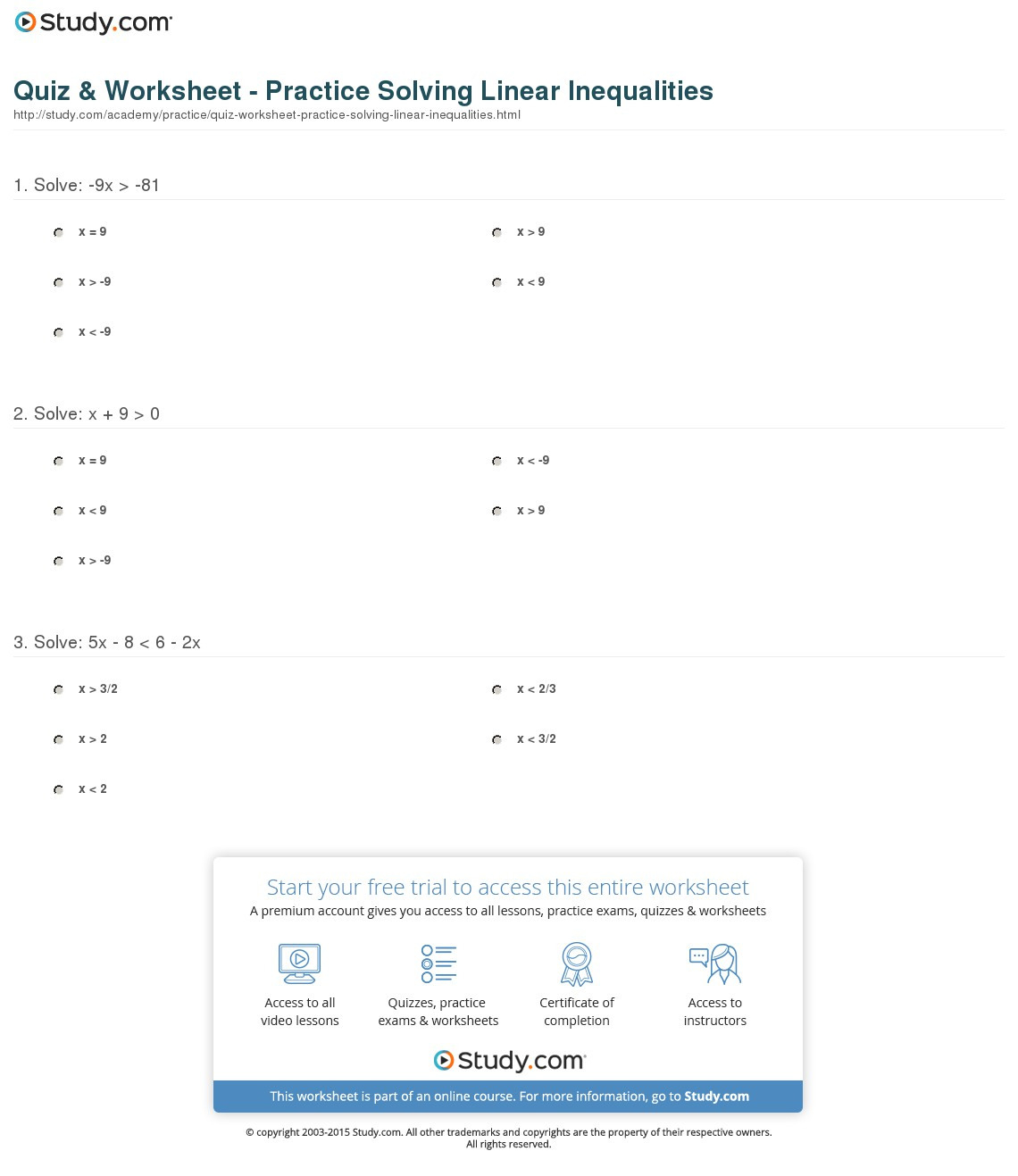 Quiz  Worksheet  Practice Solving Linear Inequalities  Study