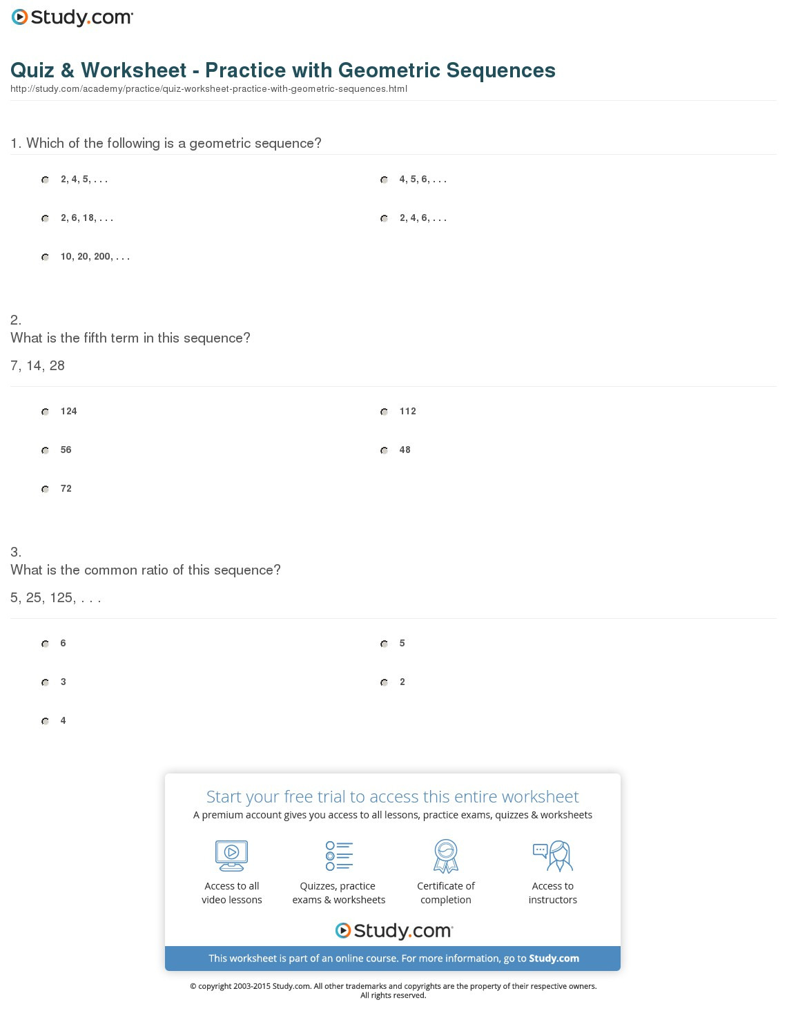 Quiz  Worksheet  Practice With Geometric Sequences  Study