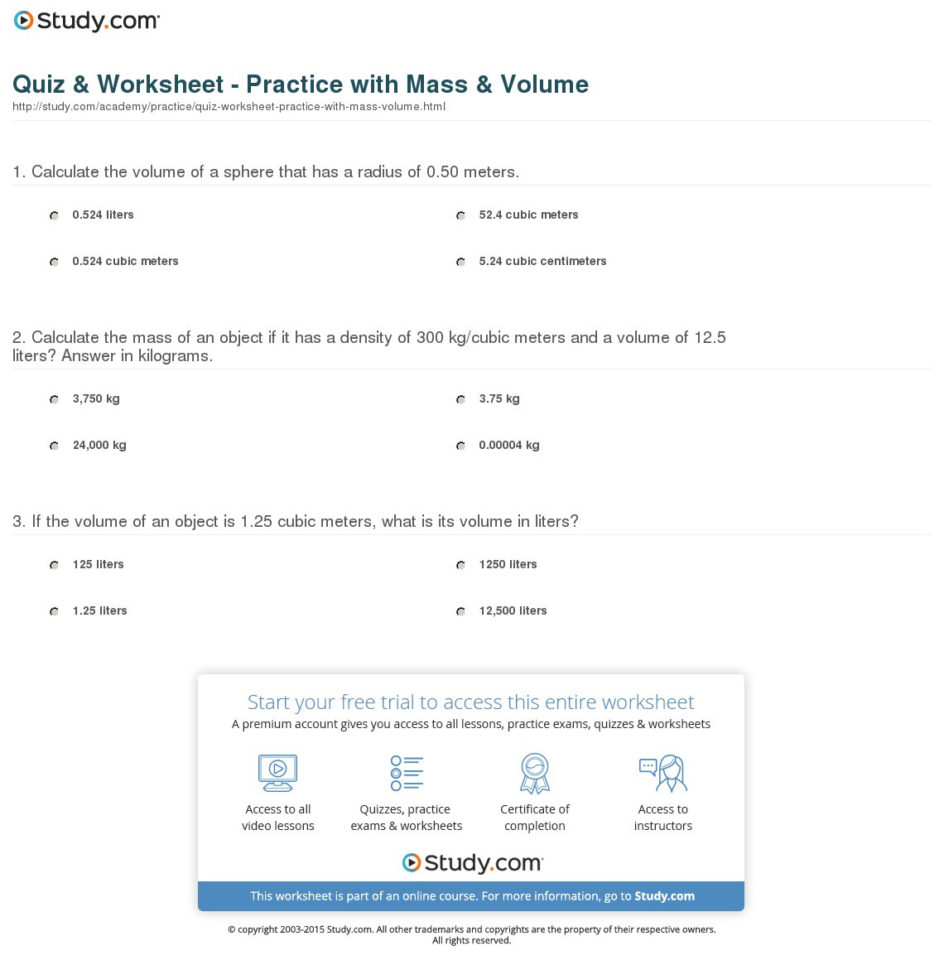 Quiz  Worksheet  Practice With Mass  Volume  Study