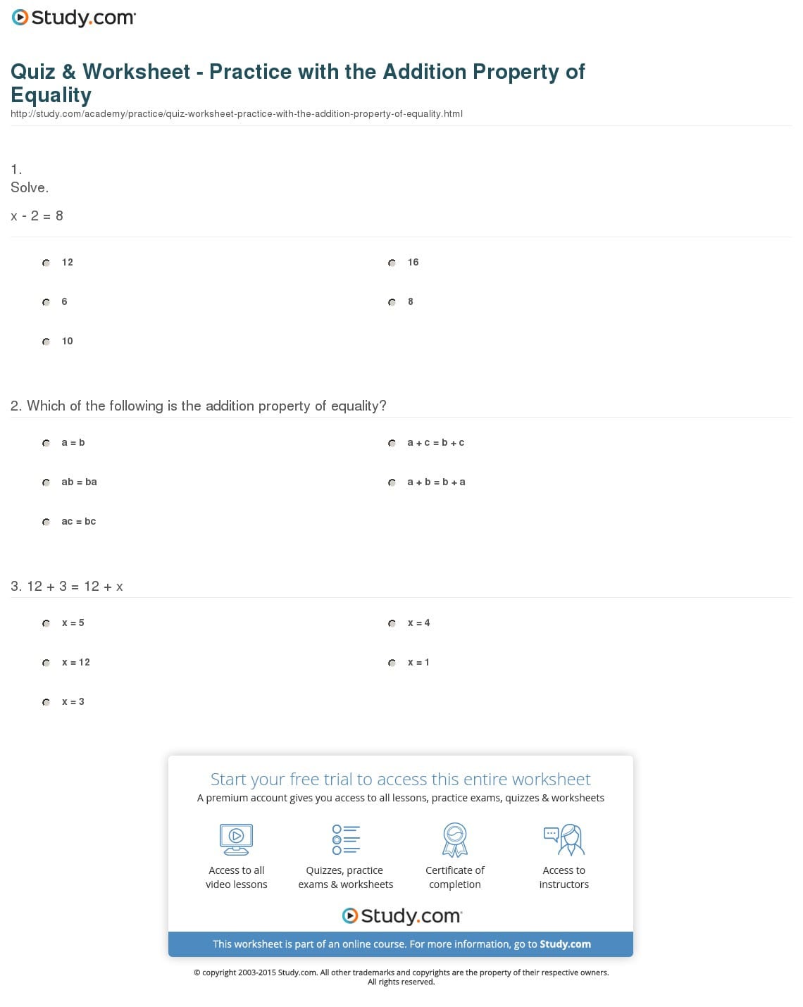 Quiz  Worksheet  Practice With The Addition Property Of