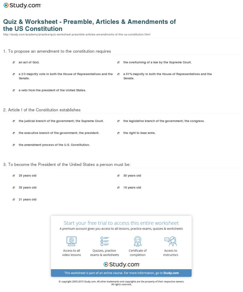 Quiz  Worksheet  Preamble Articles  Amendments Of The Us