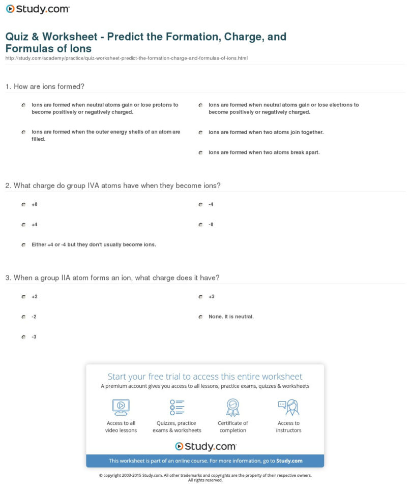 Quiz  Worksheet  Predict The Formation Charge And