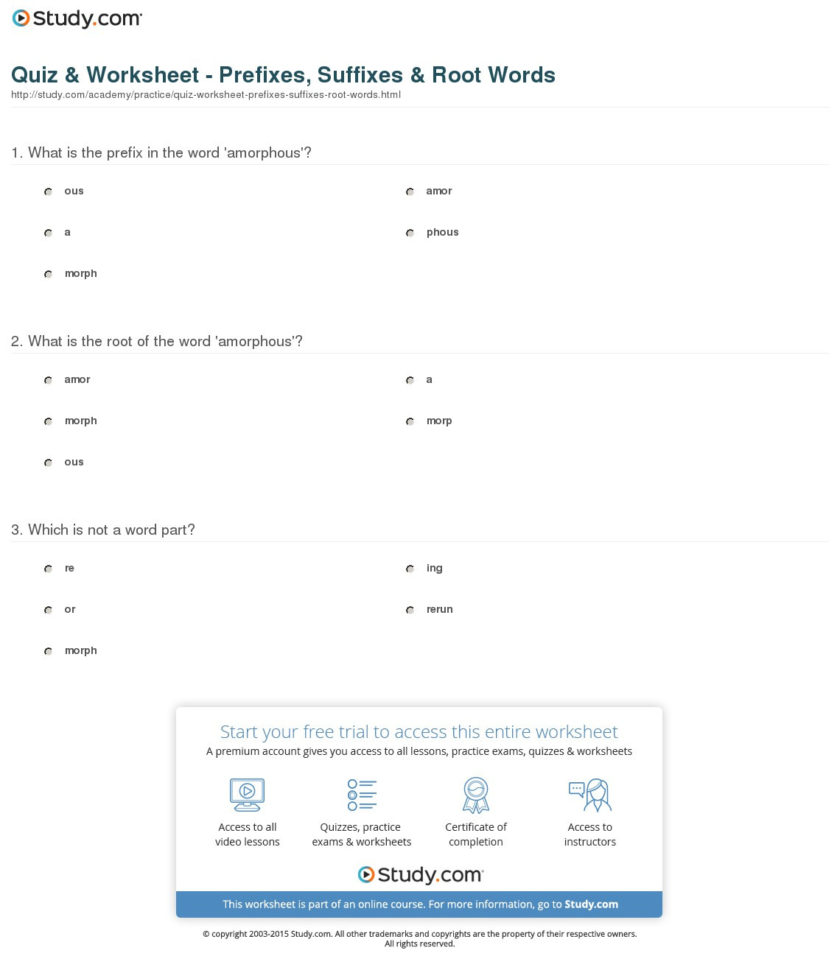Quiz  Worksheet  Prefixes Suffixes  Root Words  Study