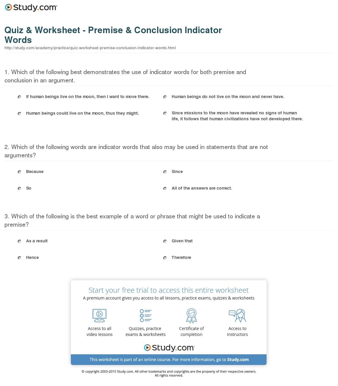 Quiz  Worksheet  Premise  Conclusion Indicator Words