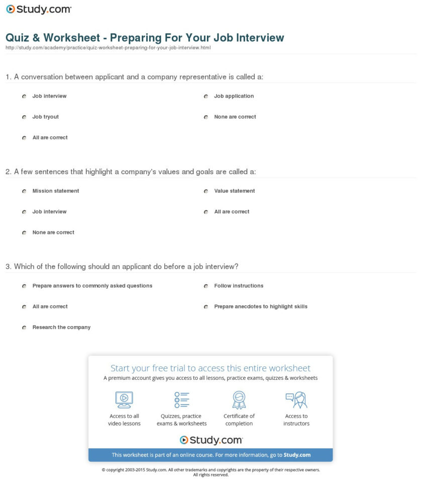 Quiz  Worksheet  Preparing For Your Job Interview  Study