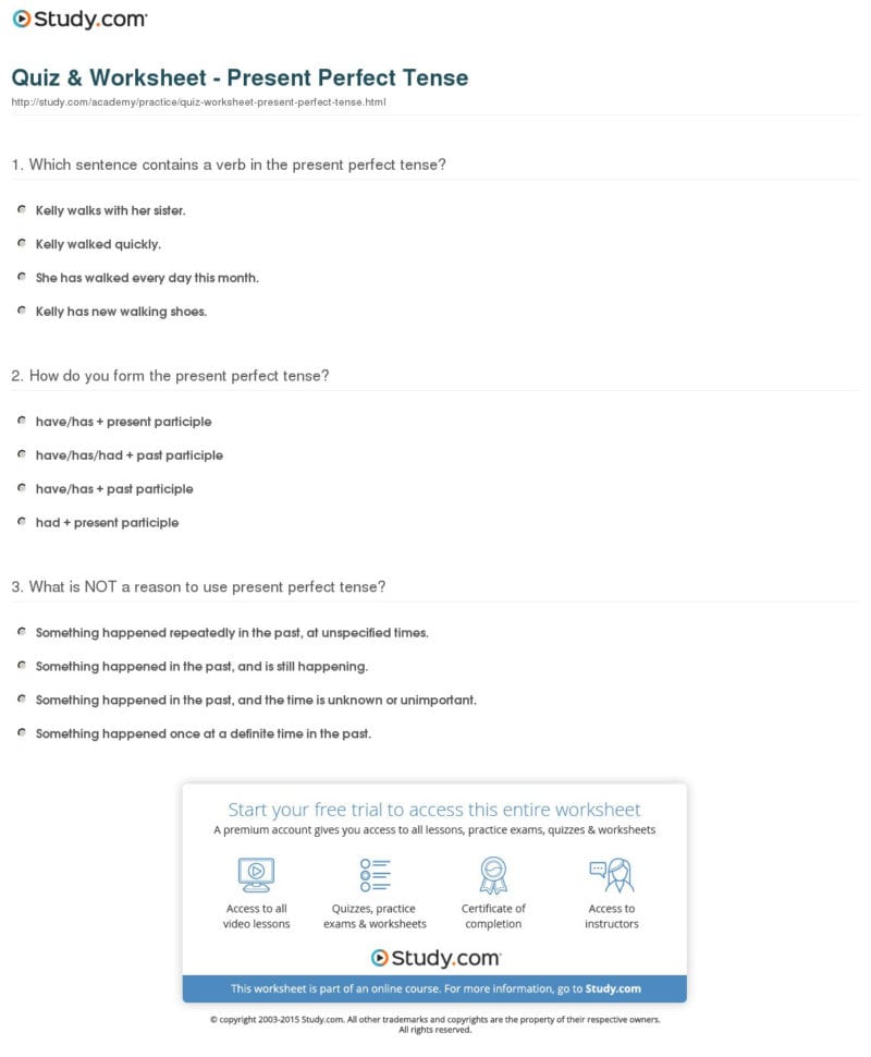 Quiz  Worksheet  Present Perfect Tense  Study
