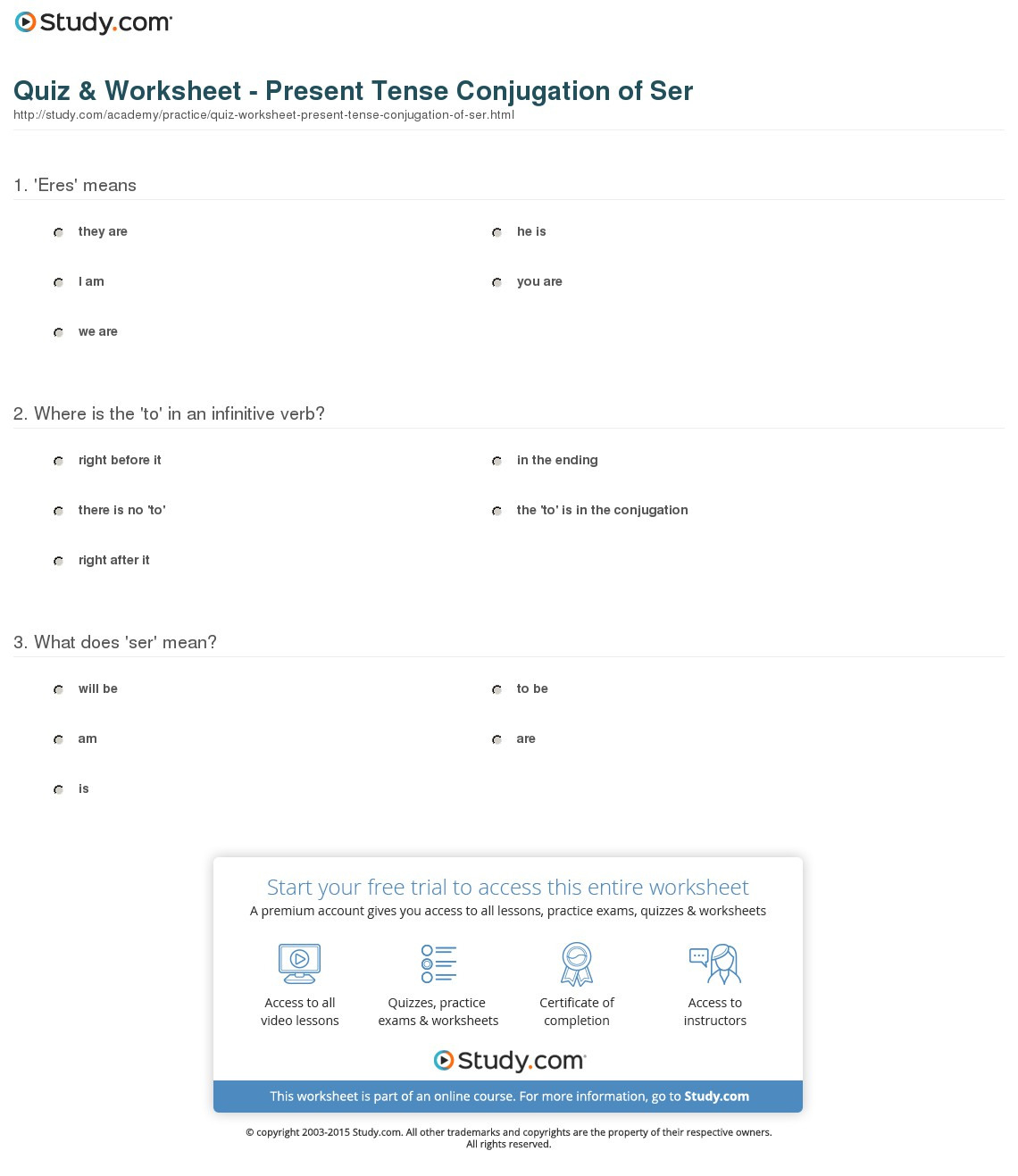 Quiz  Worksheet  Present Tense Conjugation Of Ser  Study
