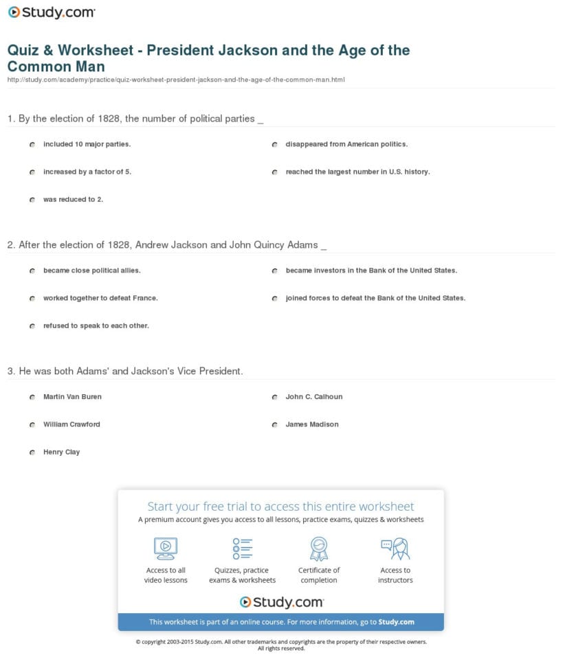 Quiz  Worksheet  President Jackson And The Age Of The