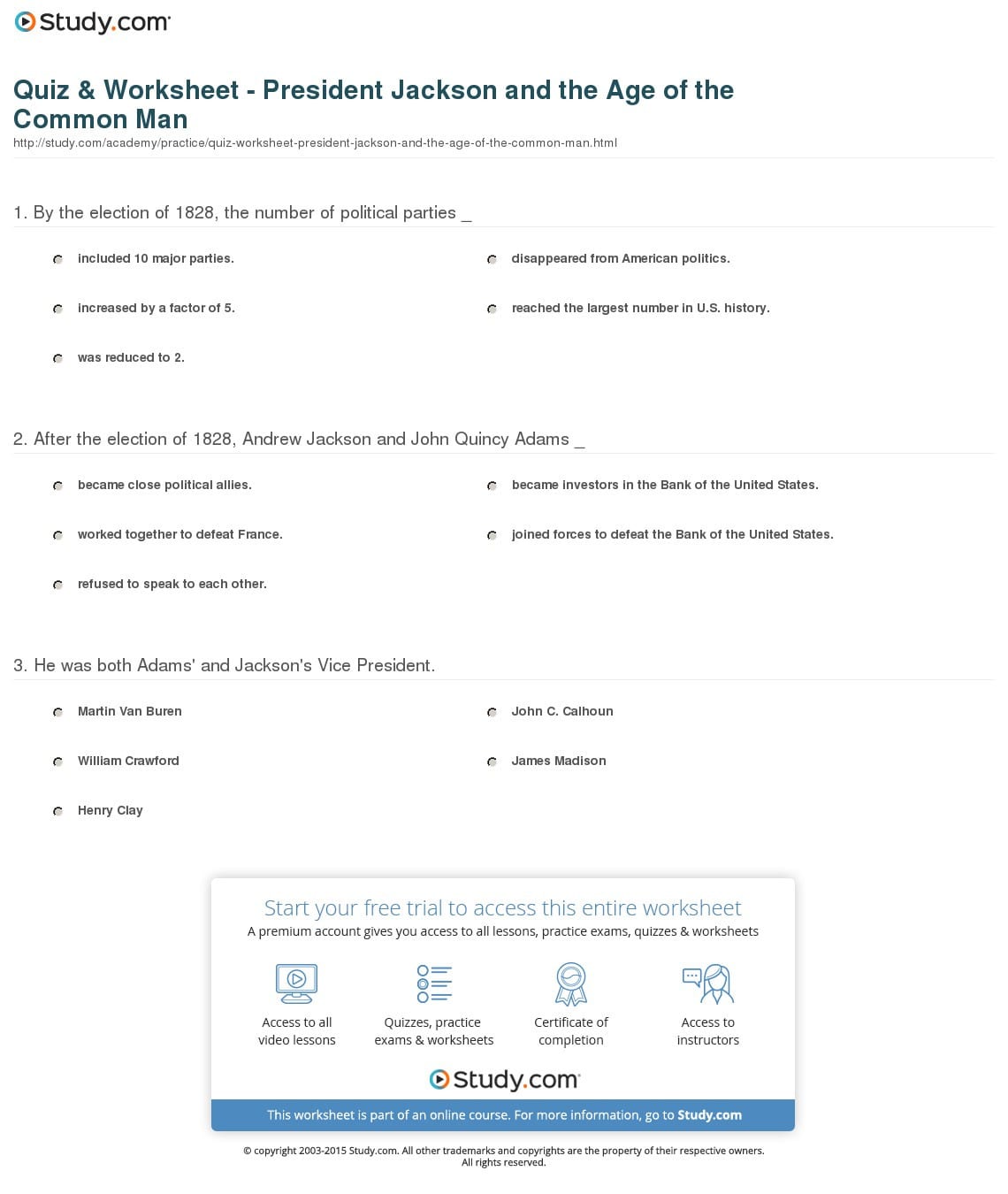Quiz  Worksheet  President Jackson And The Age Of The