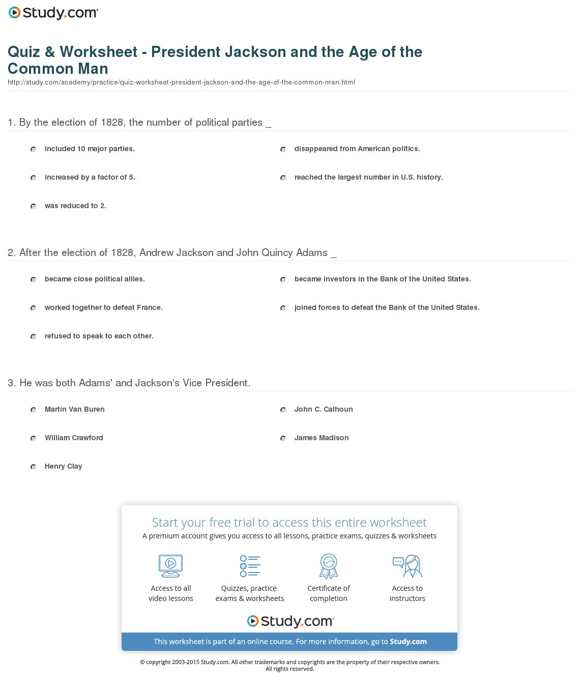 Quiz  Worksheet  President Jackson And The Age Of The