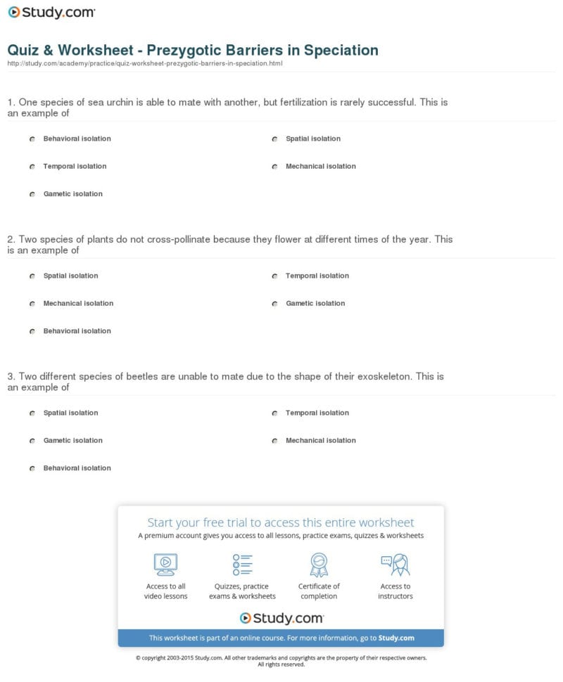 Quiz  Worksheet  Prezygotic Barriers In Speciation  Study