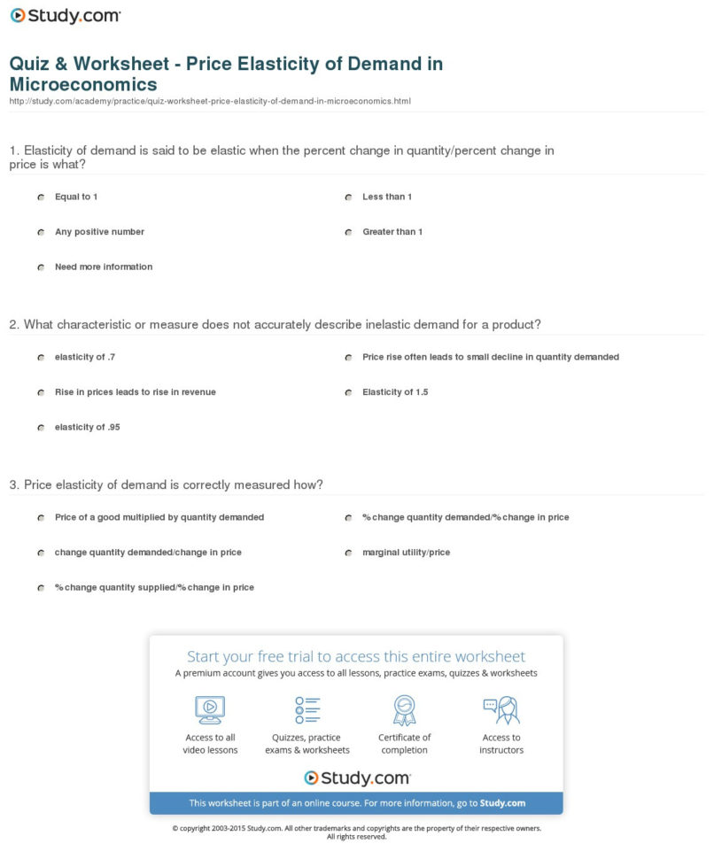 Quiz  Worksheet  Price Elasticity Of Demand In