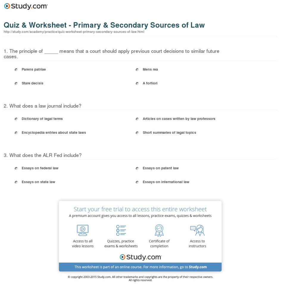 Quiz  Worksheet  Primary  Secondary Sources Of Law Quiz  Worksheet  Primary  Secondary Sources Of Law