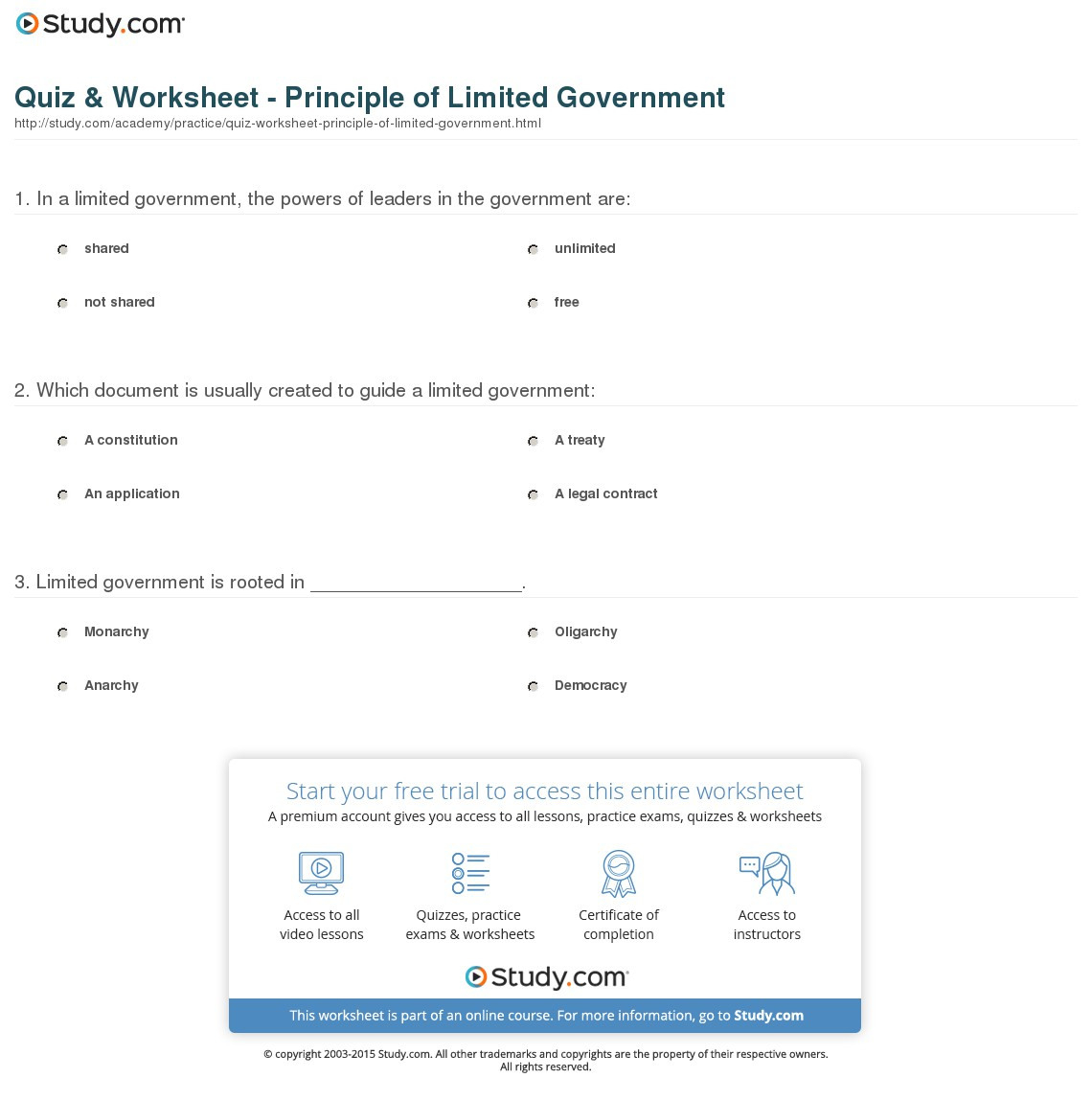 Quiz  Worksheet  Principle Of Limited Ernment  Study