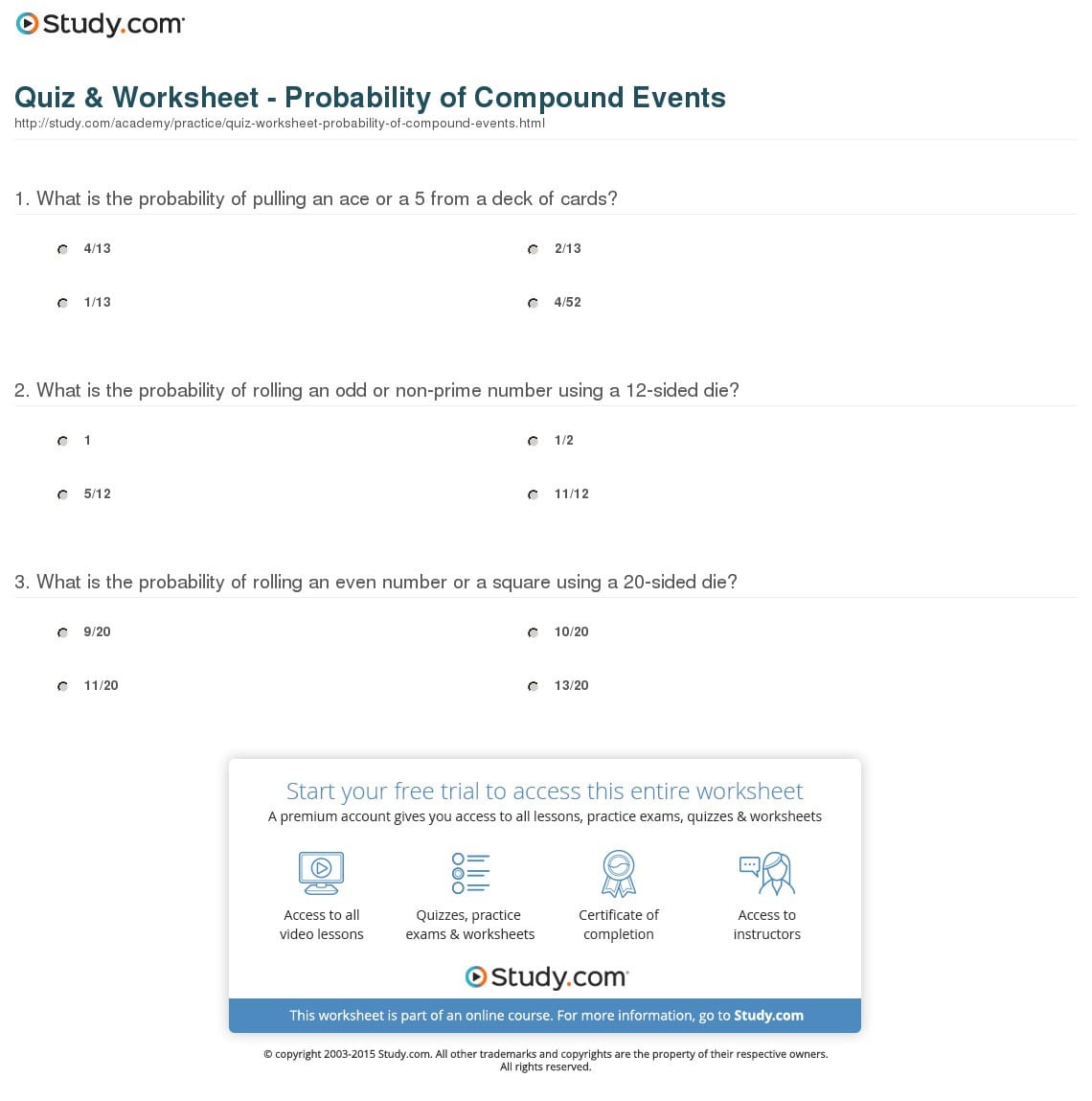 Quiz  Worksheet  Probability Of Compound Events  Study