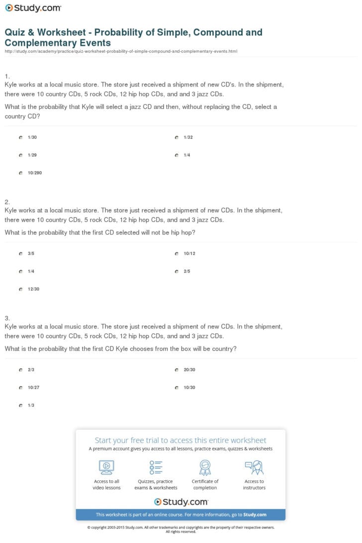 Simple Probability And Its Complement Worksheet Answer Key