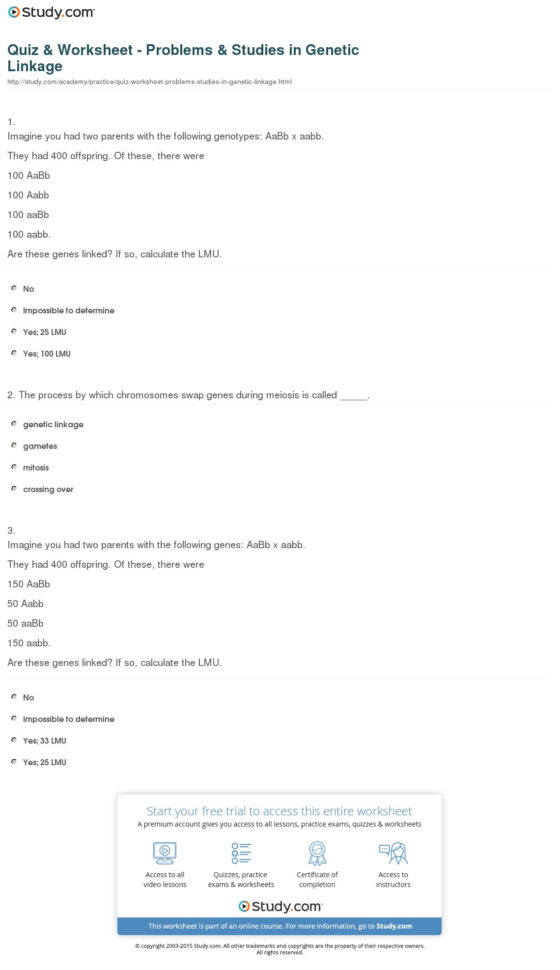 Quiz  Worksheet  Problems  Studies In Genetic Linkage