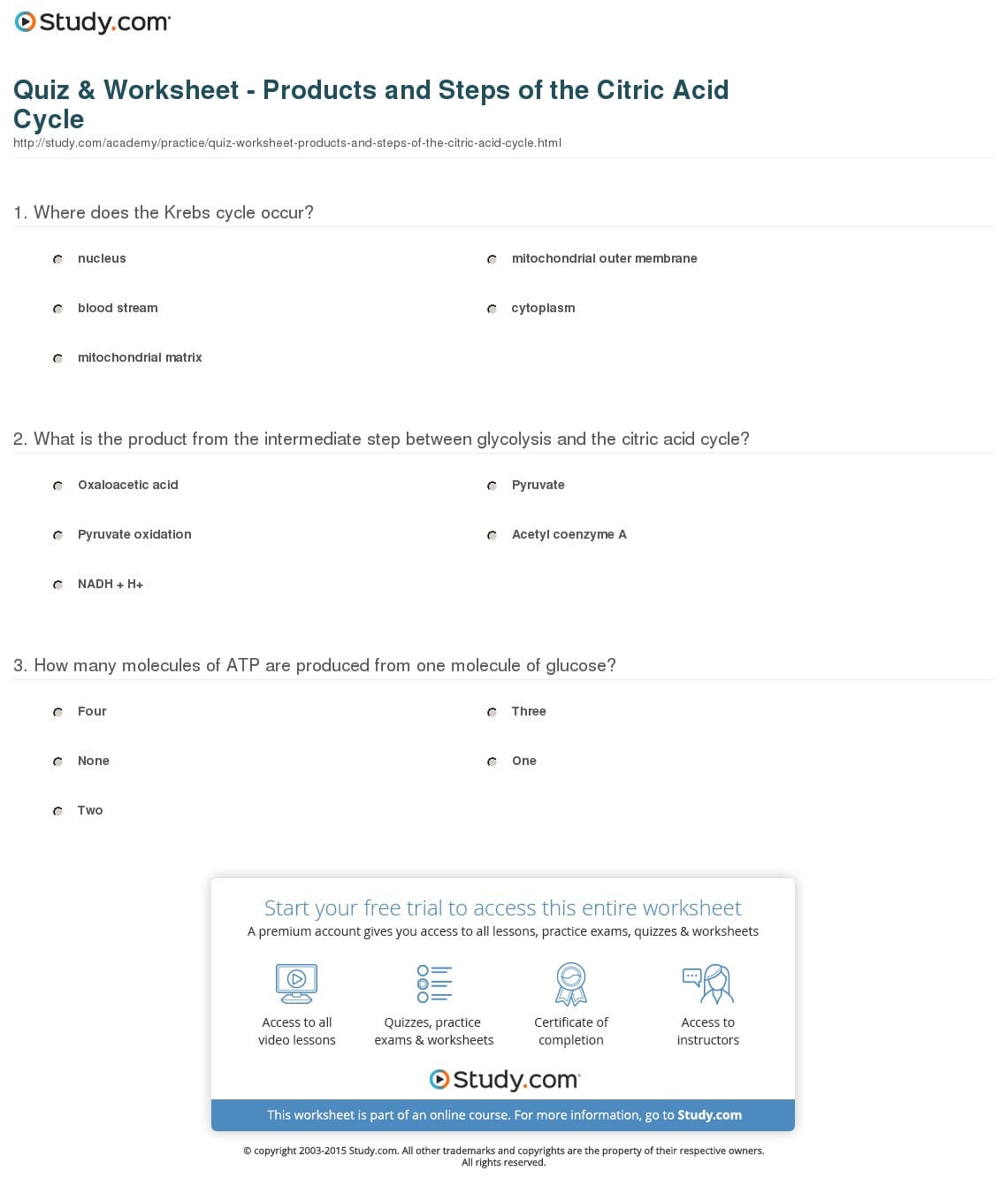 Quiz  Worksheet  Products And Steps Of The Citric Acid