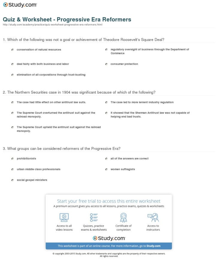 Reading Worksheet On The Progressive Era