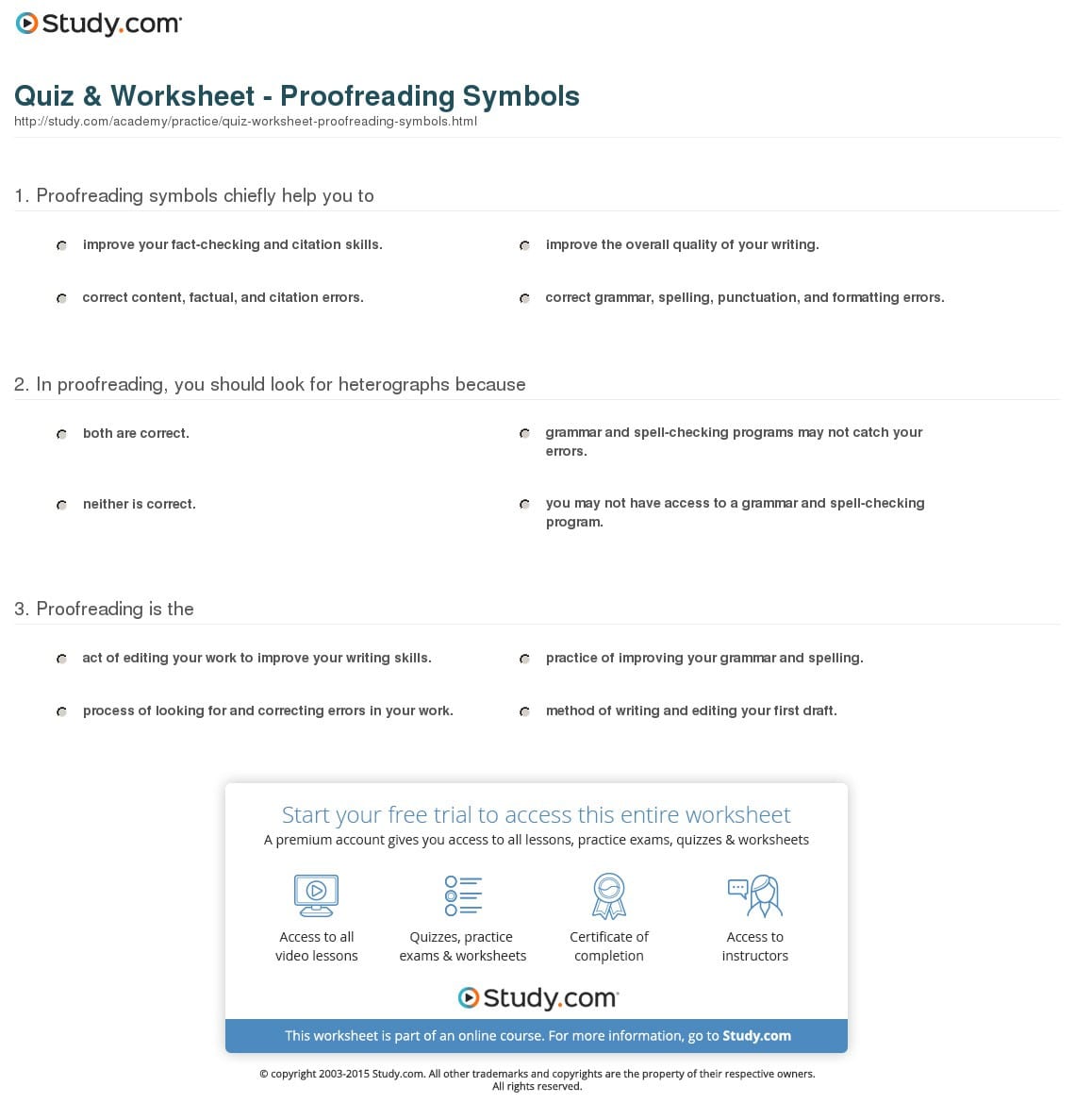 Quiz  Worksheet  Proofreading Symbols  Study