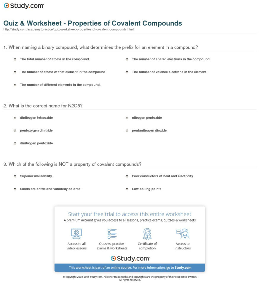 Quiz  Worksheet  Properties Of Covalent Compounds  Study
